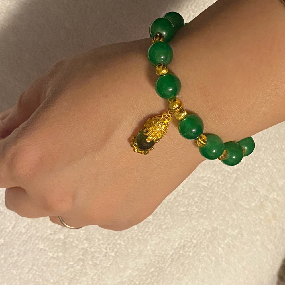 Green Gold Charm Bracelet 💚 Jade-Inspired Handmade | Hamsa Protection Style